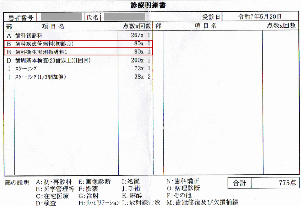 診療明細書(下の歯のクリーニング時)